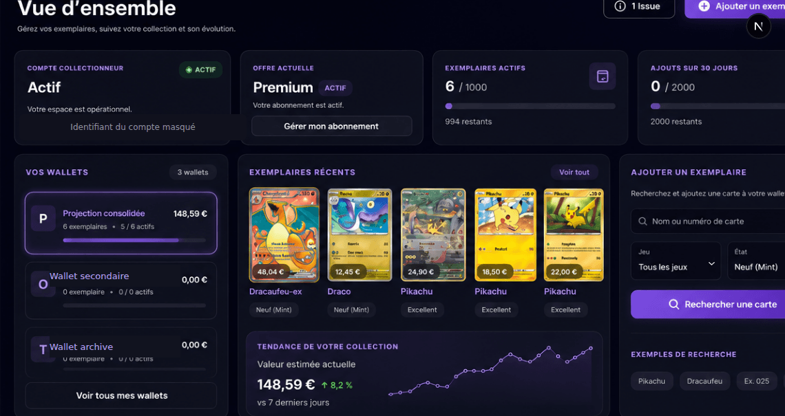 Dashboard réel VaultyTCG montrant wallets, cartes illustrées et valorisation